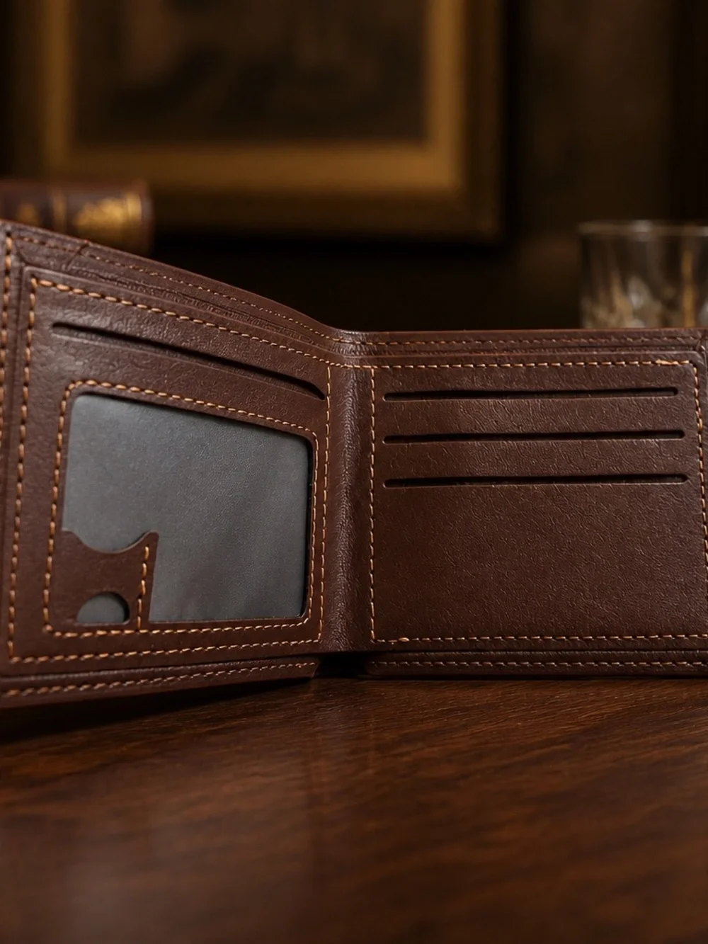Men’s Slim Brown Leather Bifold RFID Blocking Etched Design Wallet